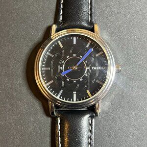 Yazole Mens Stainless Steel Black Leather Band Water Resistant Quartz 366 Watch
